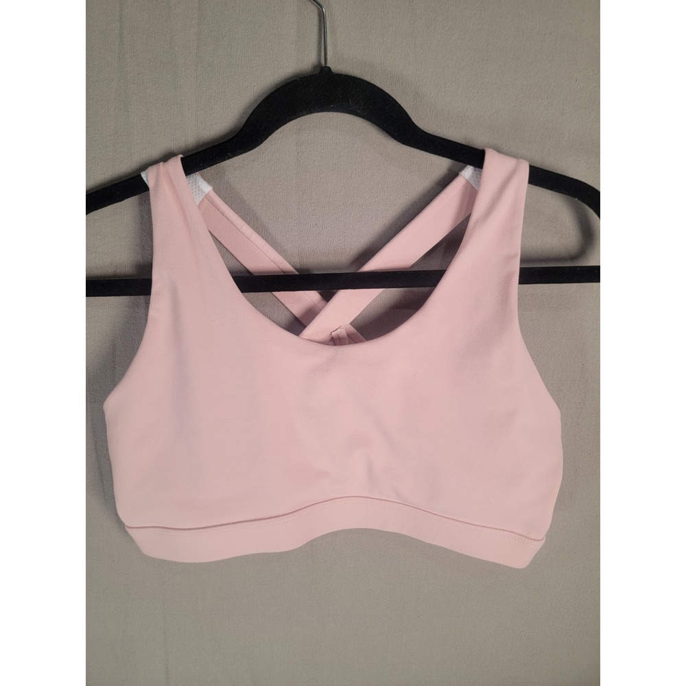 Running Girl Sports Bra Womens L Pink Strappy Criss Cross Back Padded Yoga Gym